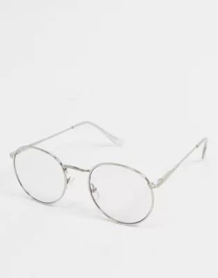 ASOS DESIGN metal round clear lens glasses in silver with blue light filter | ASOS (Global)