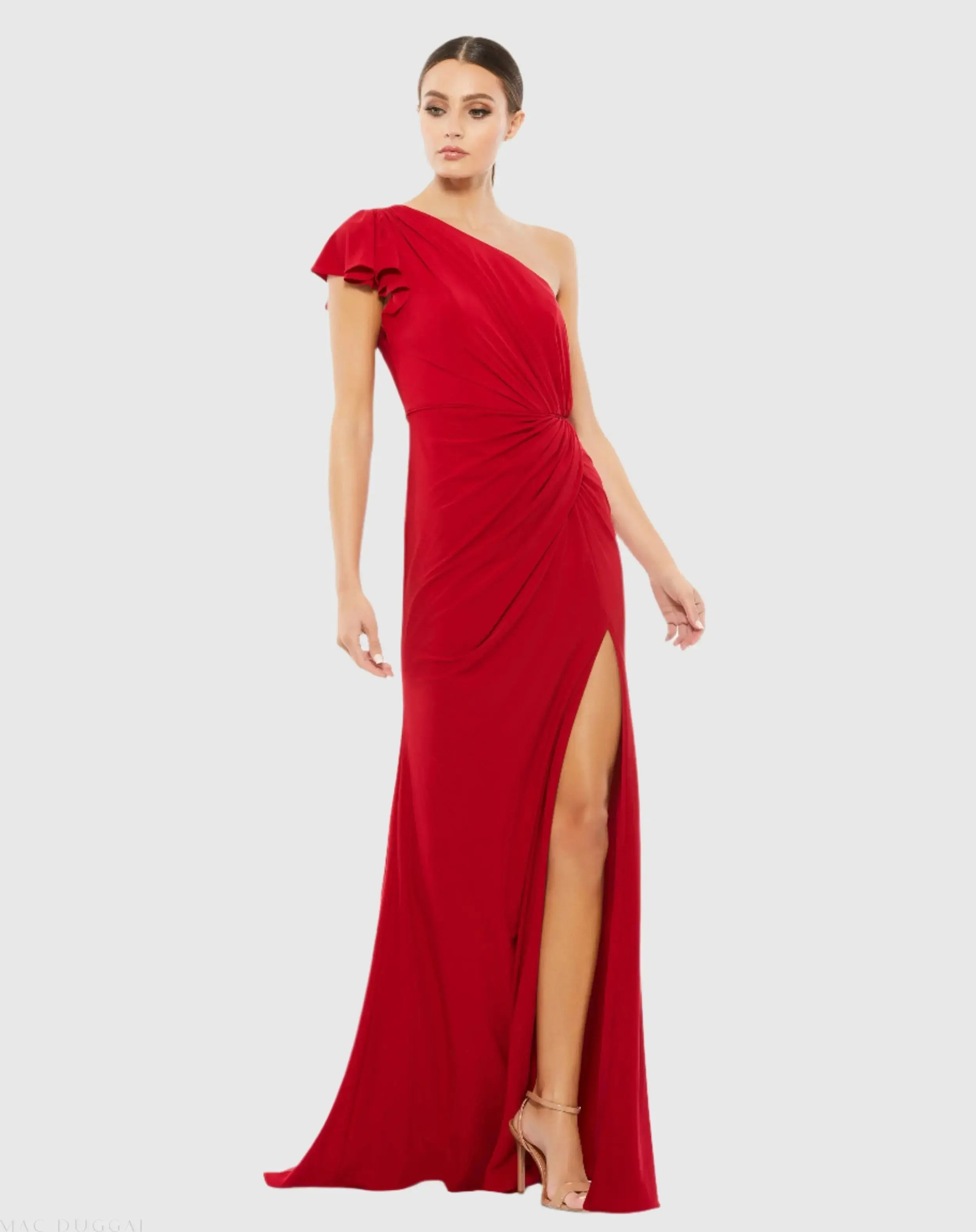 Ieena for Mac Duggal - Red Ruffled One Shoulder Draped Gown - US 0 | Mac Duggal