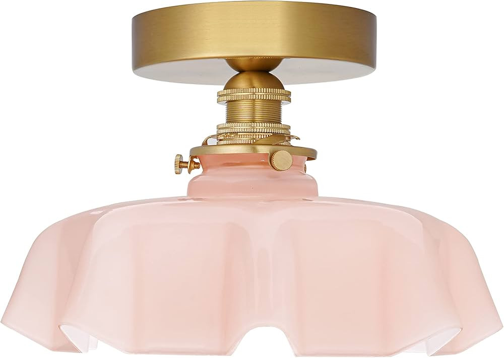 DSMJFU Brass Semi Flush Mount Ceiling Light, Cute Small Pink Glass Shade Ceiling Light Fixtures f... | Amazon (US)