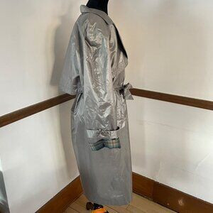 Vtg 90s British Mist Gray Shiny Trench Coat S 4 Petite Zip Out Lining Plaid Belt | Poshmark