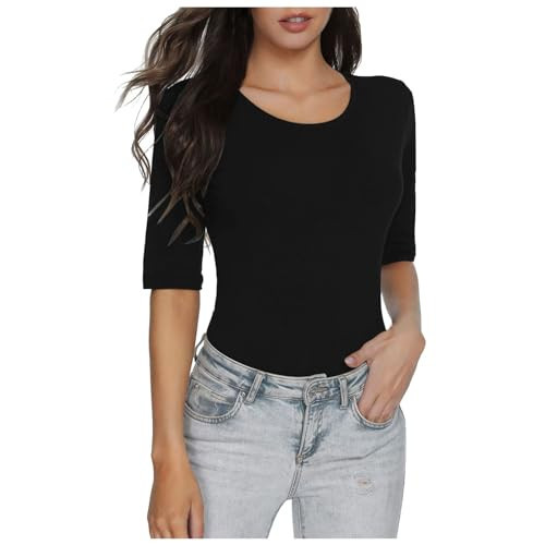 Women's Basic Slim Fit Half Sleeve Solid Color T-Shirt Casual Tee Top Medium Black | Amazon (US)