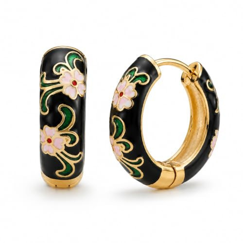 Vintage Huggie Earrings for Women, Brass Enamel Flower Hoop Earrings with Chunky Gold Tone Ring and Secure Hinged Clasp, Smooth Finish Jewelry for Daily Wear (Black) | Amazon (US)