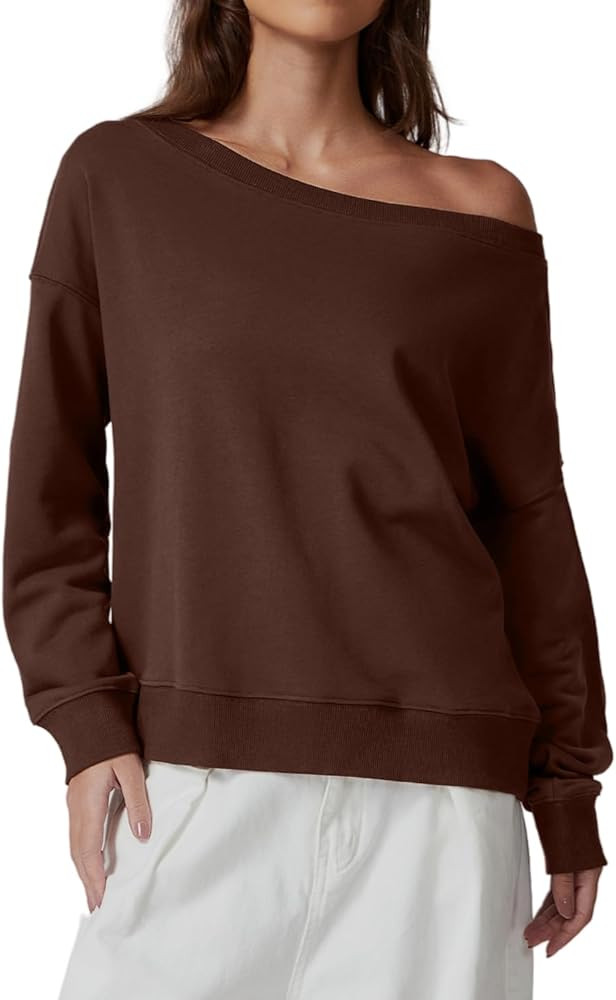 QINSEN Womens Oversized Sweatshirt Long Sleeve Off The Shoulder Pullover Casual Comfy Hoodie Fash... | Amazon (US)