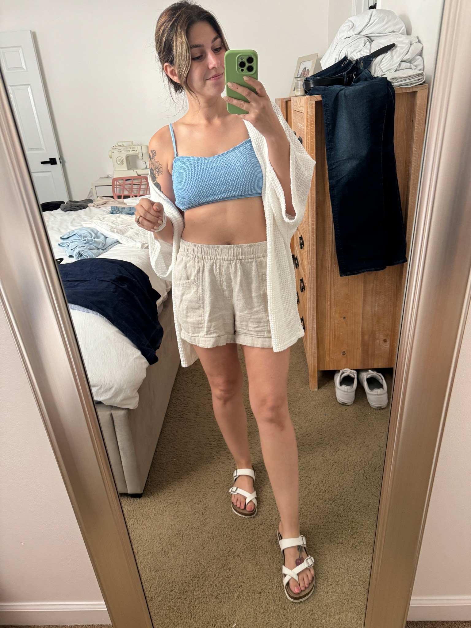 beach vacation swimwear outfit. I am wearing a light blue/ baby blue bikini from amazon in a size medium, tan linen shorts from Old Navy in a size small, white swim cover up from Amazon, and white sandals. #ltksummer #summer #ltkvacation #vacationfashion #beachfashion #vacay #ltkvacay #swimwear #amazon #ltkamazon  

 #LTKSeasonal #LTKFindsUnder50 #LTKStyleTip