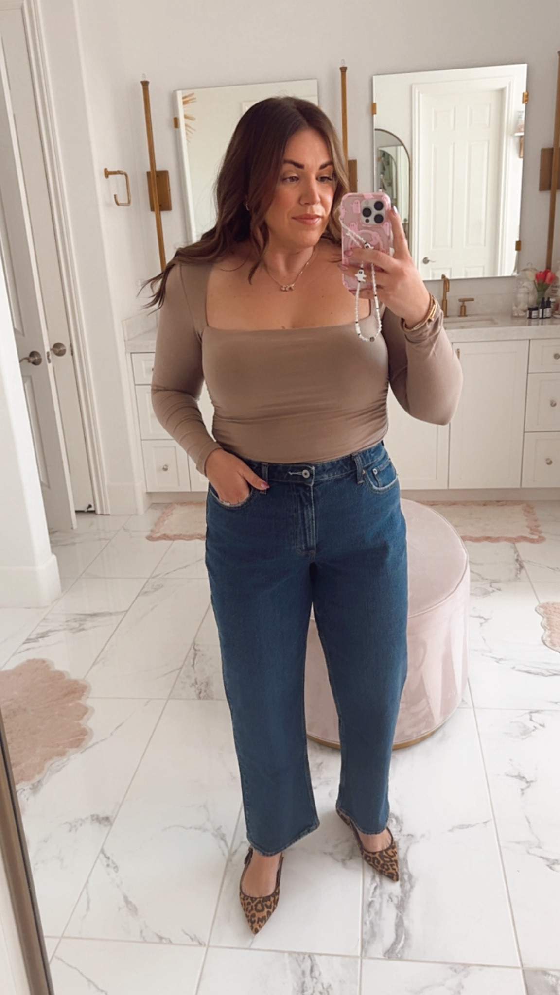 curvy fall outfit! wearing size large in taupe fitted top and size 31 in dark wash denim 

#LTKFindsUnder100 #LTKMidsize #LTKSeasonal