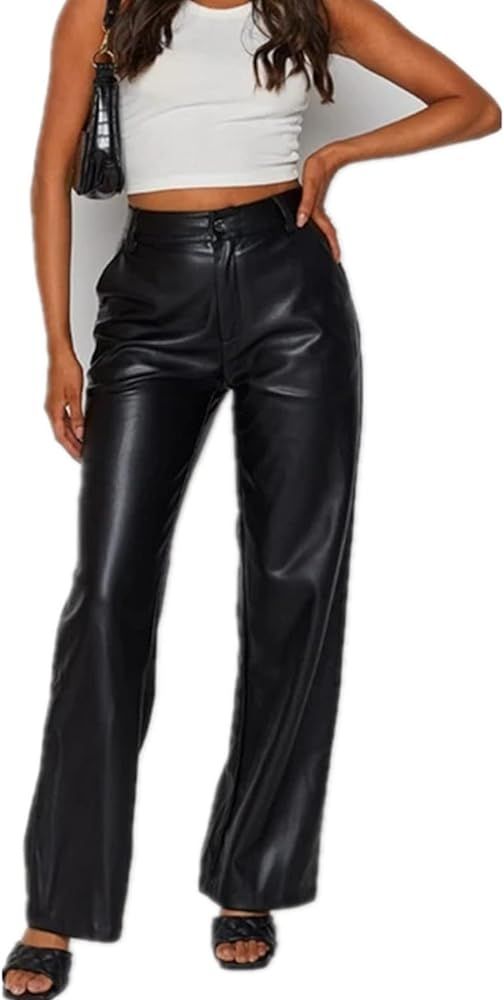 pengnight Women's Faux Black PU Leather Pants High Waist Casual Straight Wide Leg Punk Trousers | Amazon (US)