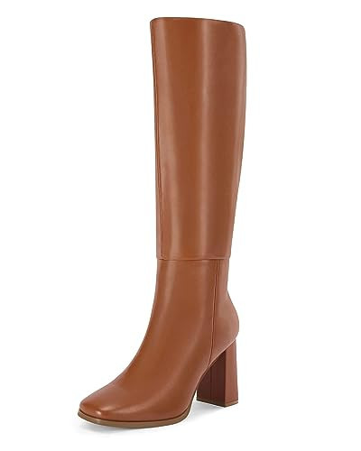 Coutgo Womens Wide Calf Knee High Boots Chunky High Heel Square Toe Fashion Leather Shoes with Side Zipper,Dark Brown,Size 8 | Amazon (US)
