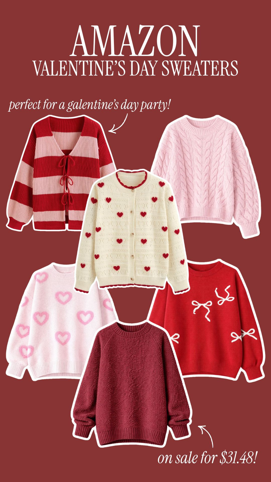 Amazon Valentine's Day Sweaters ❤️

holiday outfit, new arrivals, casual outfit, finds under 100, finds under 50, galentines outfit, dede raad 

 #LTKValentine #LTKSeasonal #LTKSaleAlert