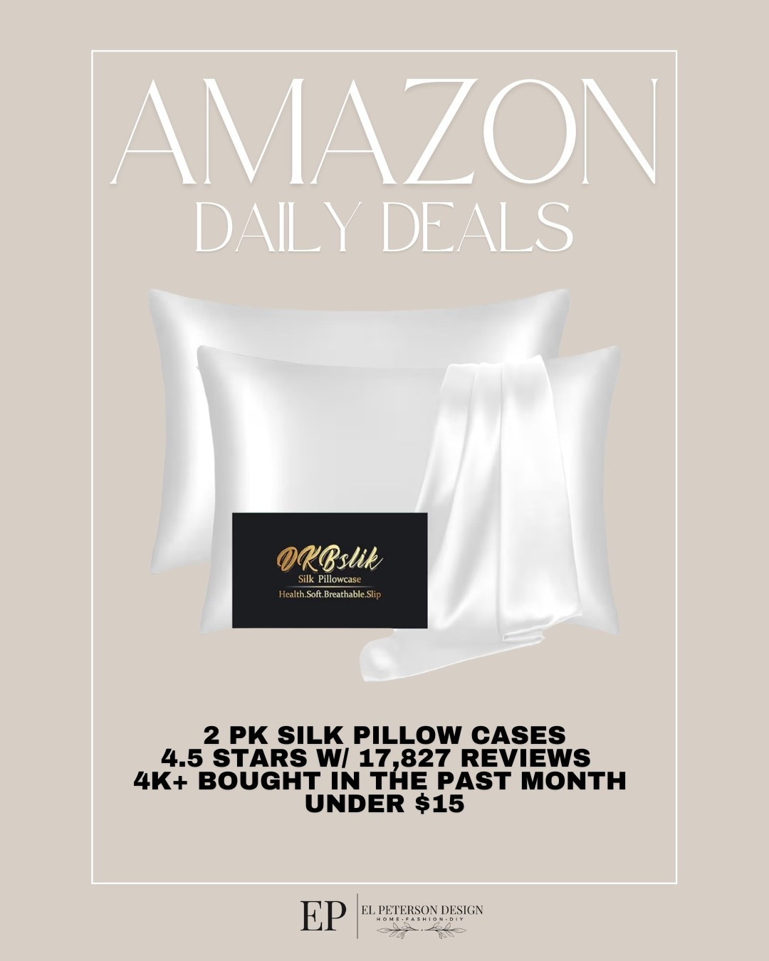 Amazon Deals
2 pk silk pillow cases 

#LTKHome #LTKSaleAlert