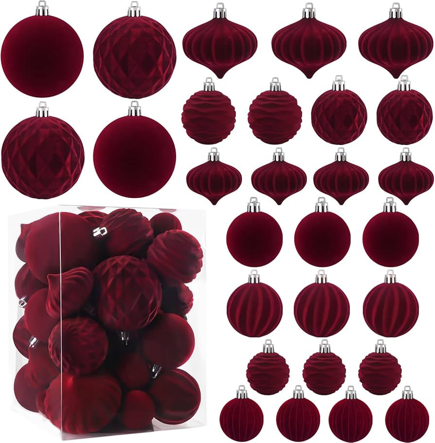 28PCS Velvet Christmas Balls Ornaments, Flocked Shatterproof Burgundy Xmas Tree Hanging Decoratio... | Amazon (US)