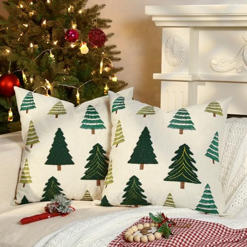 Lewondr Christmas Pillow Covers 18x18 Inch Set of 2, Christmas Tree Embroidered Cozy Square Decorative Throw Pillow Cover Pillow Cases for Holiday Sofa Couch Bedroom Living Room Car, Beige | Amazon (US)