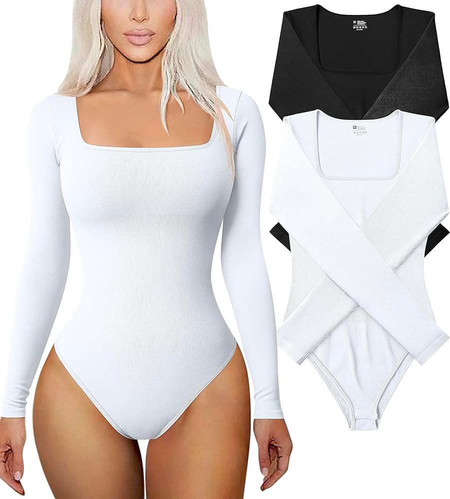 TOB Women's 2 Piece Bodysuits Sexy Ribbed One Piece Long Sleeve Square Neck Bodysuits | Amazon (US)