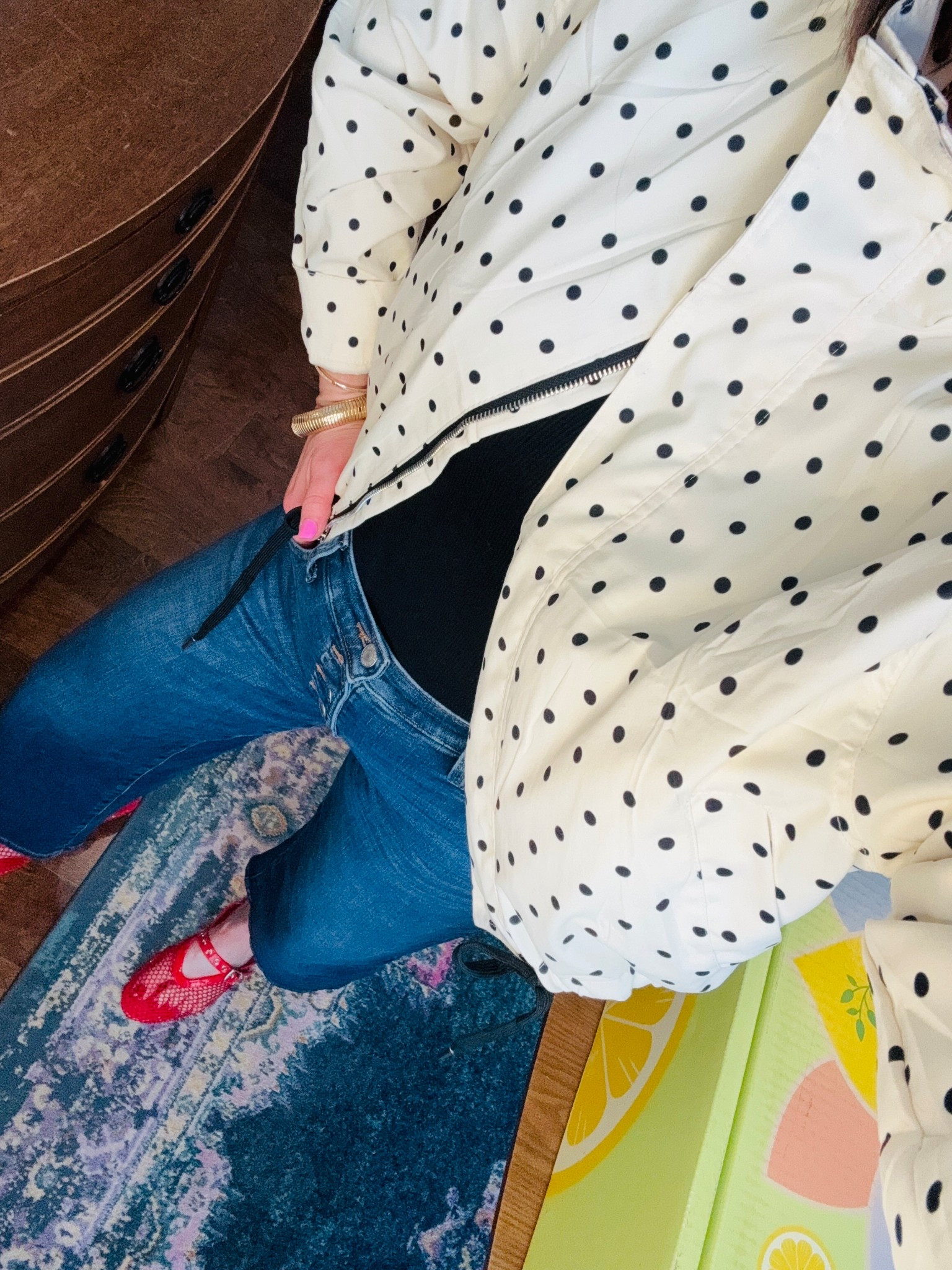 Cream and black polka dot jacket with red mesh Mary Jane’s!!

#LTKootd #LTKgrwm #LTKOver40