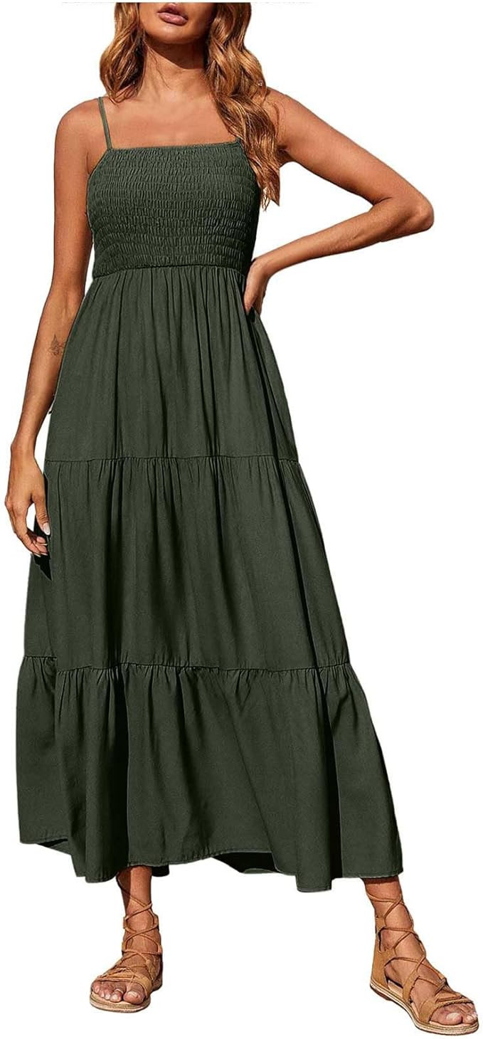 Sundresses for Women, 2024 Summer Spaghetti Strap Maxi Long Dress Smocked Casual Tiered Dresses S... | Amazon (CA)