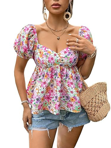Floerns Women's Floral Print Sweetheart Neck Puff Sleeve Peplum Blouse Top A Pink Medium | Amazon (US)