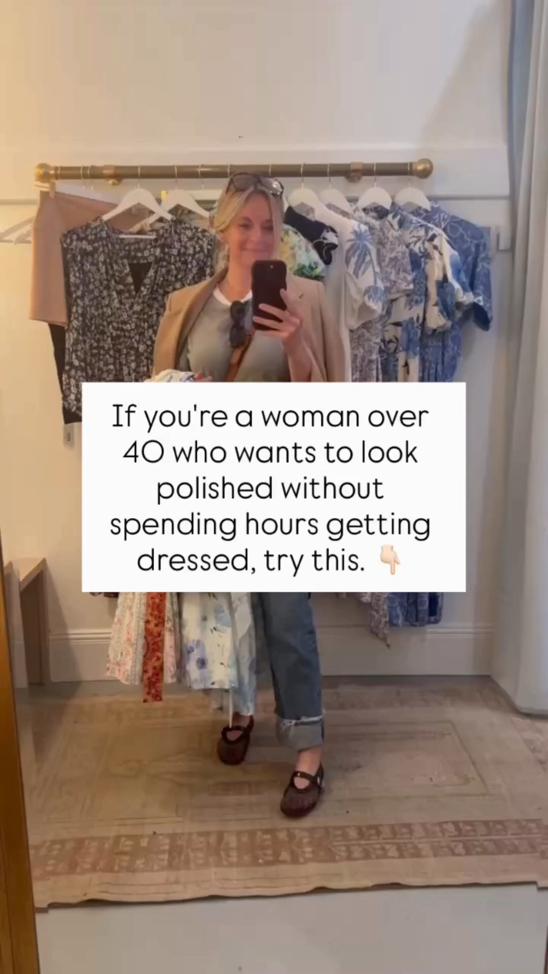 Build 3 outfit formulas and rotate them all week.

Formula 1: Jeans + fitted top + blazer + loafers
Formula 2: Trousers + sweater + ankle boots
Formula 3: Midi skirt + tucked tee + sneakers + denim jacket

Pick your formula, swap in different pieces, and go. No thinking required. You’ll look polished in 5 minutes flat.

✨ Follow for more time-saving styling strategies