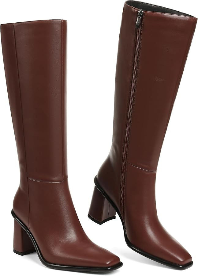 Women's Knee High Boots, Square Toe Chunky Heel Faux Leather Boot Fashion Wide Calf Tall Casual F... | Amazon (US)