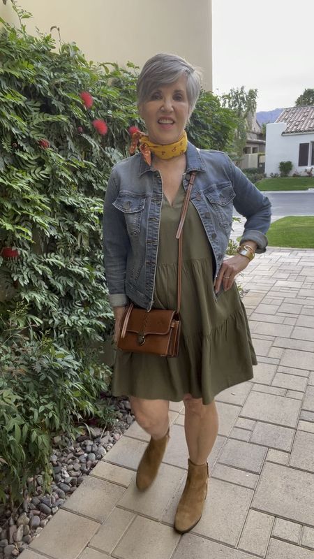 Great transition to Fall dress! Tiered olive 100% Amazon fashion viscose dress (S) with an attractive v-neck. Perfect Evereve Kut from the Kloth medium wash jean jacket. Add a mustard bandanna, suede Amazon booties, and an awesome brown crossbody bag by Patricia Nash .

#LTKunder50 #LTKSeasonal #LTKstyletip