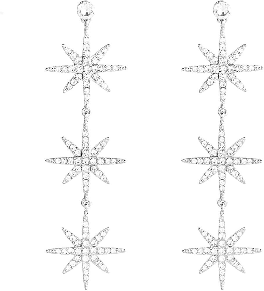 Blingsoul Gold 3 Star Earrings - Silver Crystal 3 Hexagonal Snowflakes Dangling Wedding Jewelry f... | Amazon (US)