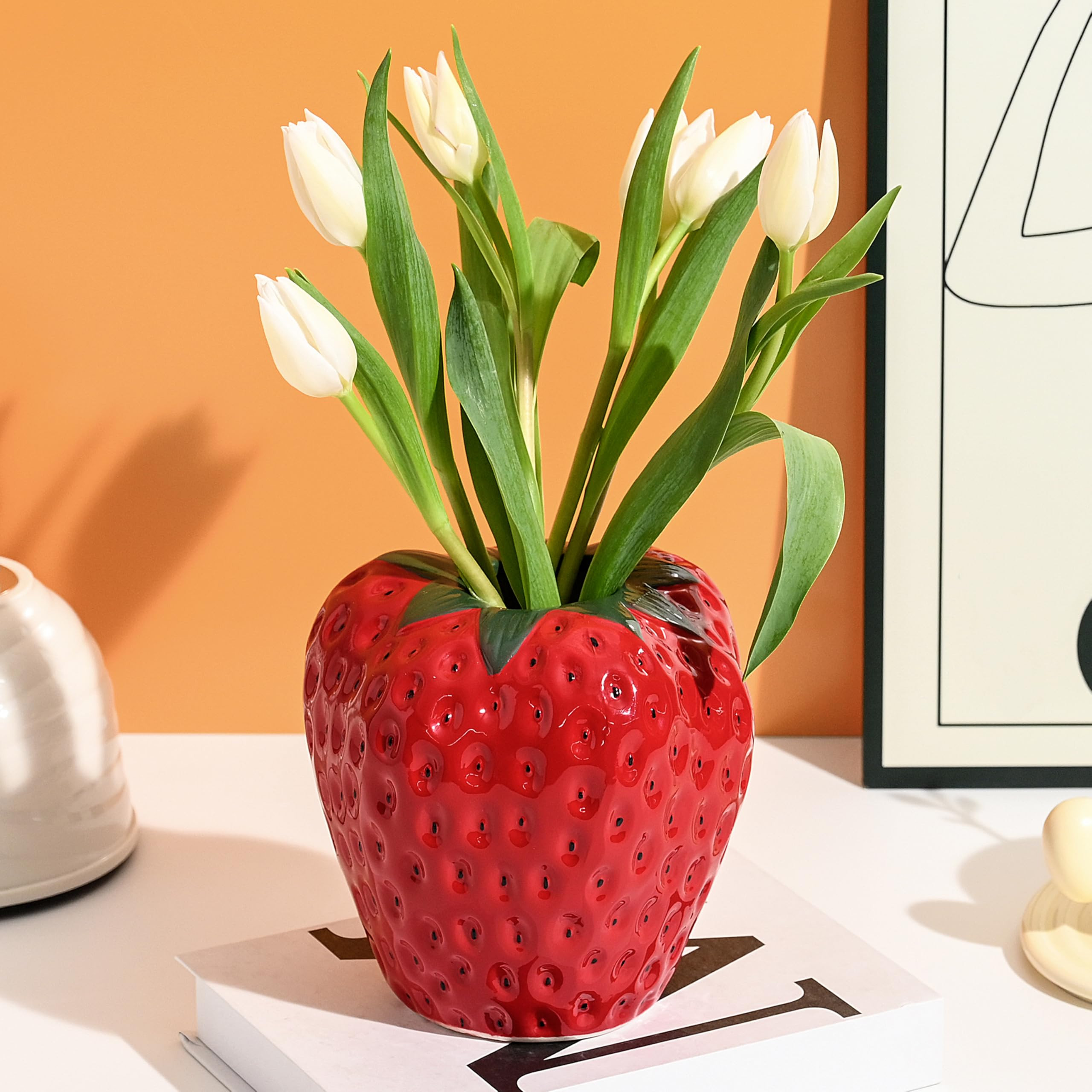AOMOONOA Red Strawberry Vase for Flowers, Decorative Ceramic Fruit Vase, Strawberry Shaped Plante... | Amazon (US)
