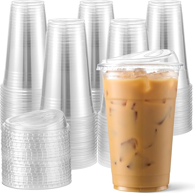 AOZITA 100 Pack - Clear 16 Oz Plastic Cups With Lids, Disposable Iced Coffee Cups With Lids for P... | Amazon (US)