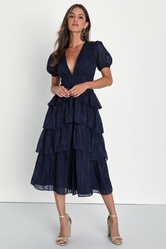 Definitely Delightful Navy Lurex Tiered Puff Sleeve Midi Dress | Lulus (US)