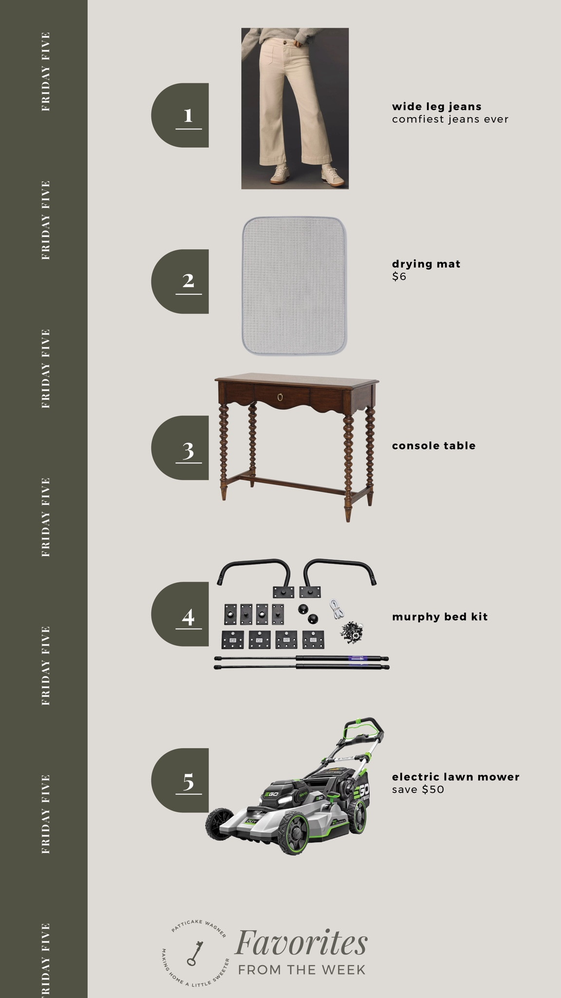 The Friday Five: your favorites from the week | wide leg jeans, drying mat, console table, murphy bed kit, electric lawn mower 

#LTKHome #LTKStyleTip