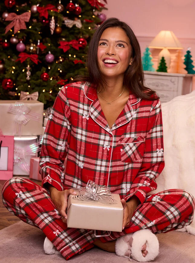 Bow check cotton pyjamas in a bag - Red Mix | Boux Avenue (UK)