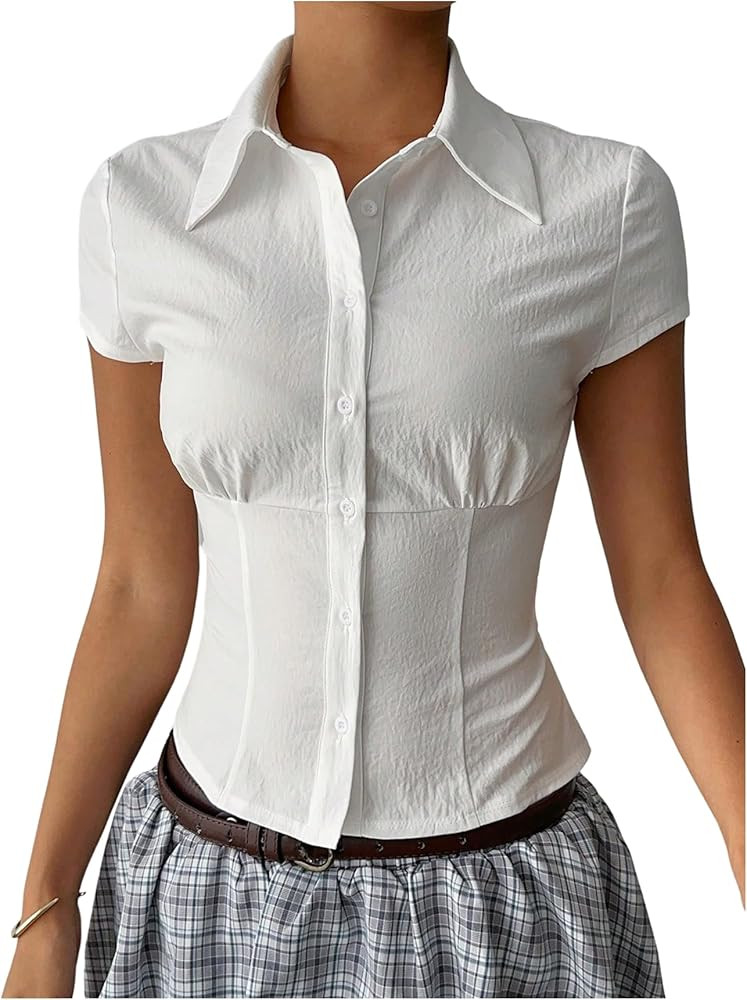 SweatyRocks Women's Button Down Shirts Cap Sleeve Elegant Work Blouse Tops | Amazon (US)