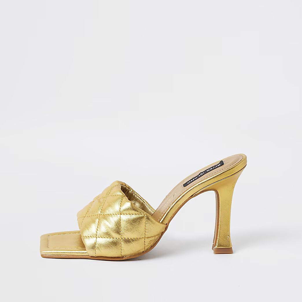 Gold woven square toe mule sandal | River Island (UK & IE)