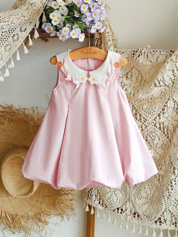 SHEIN Vintaside Kids Vestido Elegante De Algodón Para Bebé Niña, Recién Nacido, Niña Pequeña Con Cuello Peter Pan, Sin Mangas, Con Volantes Y Bordado Floral, Para Primavera Y Verano | SHEIN