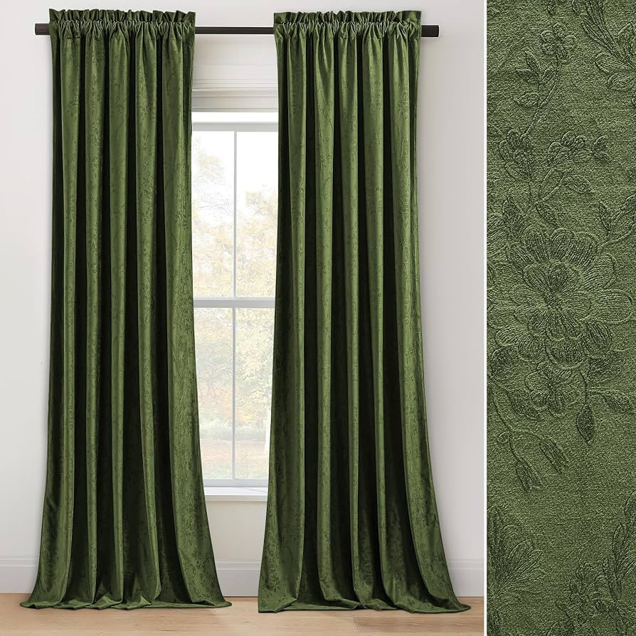 NICETOWN Green Floral Velvet Curtains 96 inches 2 Panels Set for Bedroom, Boho Thermal Insulated ... | Amazon (US)
