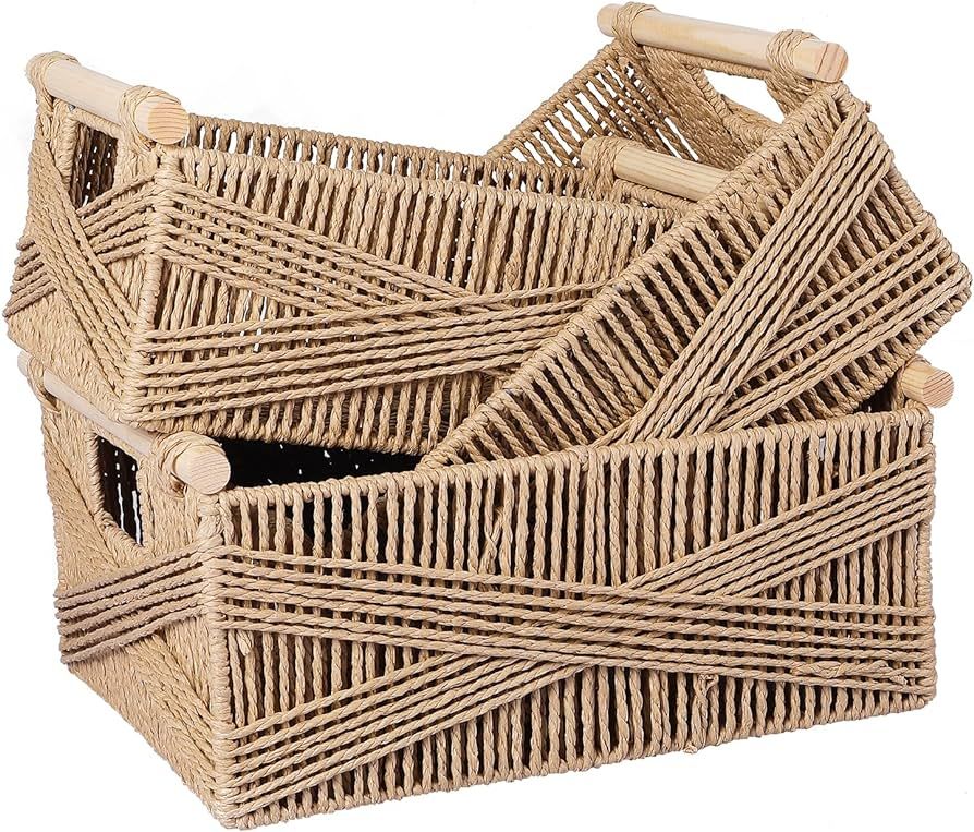 Amazon.com: ANMINY 3 Pack Woven Storage Basket with Wood Handles Handmade Natural Paper Rope Deco... | Amazon (US)