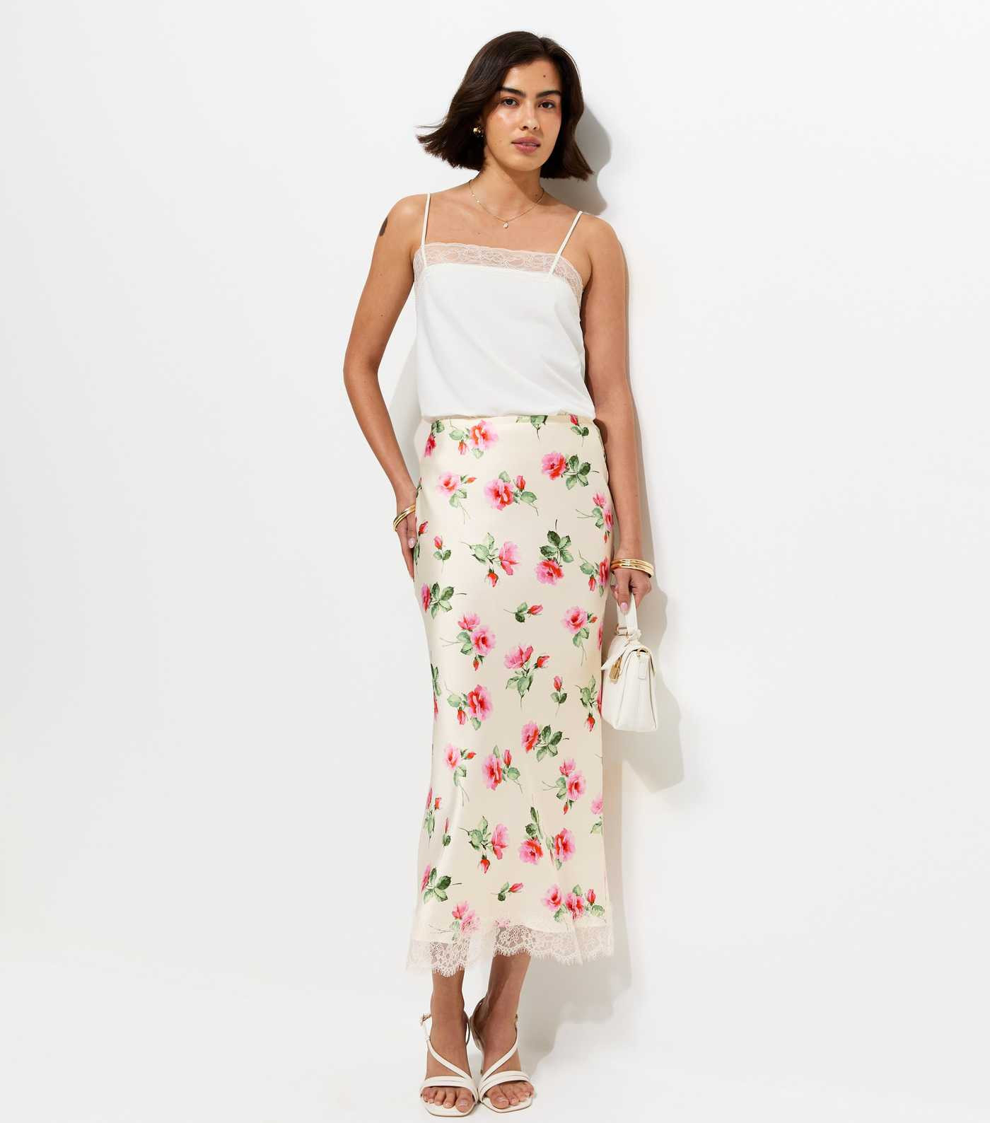 White Rose Print Lace Trim Midi Skirt | New Look | New Look (UK)