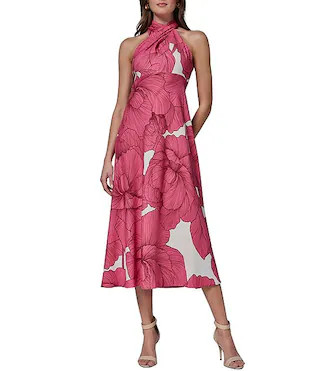 Donna Karan Sleeveless Halter Neck Floral A-Line Midi Dress | Dillard's | Dillard's