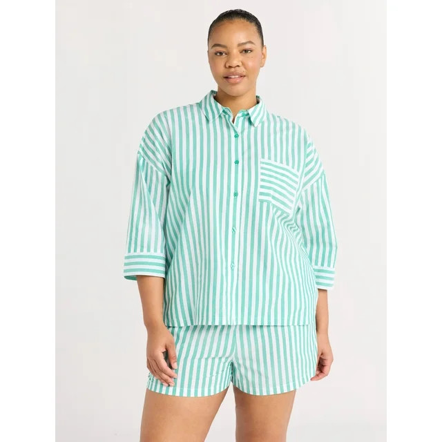 Joyspun Women’s Woven ¾ Sleeve Notch Collar Top and Boxer Shorts Pajama Set, Sizes XS-3X | Walmart (US)