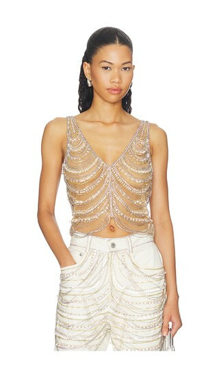 Lapointe Draped Crystal Embroidery V Neck Tank in Metallic Silver. - size 0 | Revolve Clothing (Global)