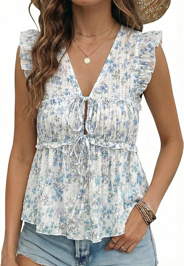 Acelitt Womens V Neck Ruffle Cap Sleeve Tie Front Tops,S-XXL | Amazon (US)