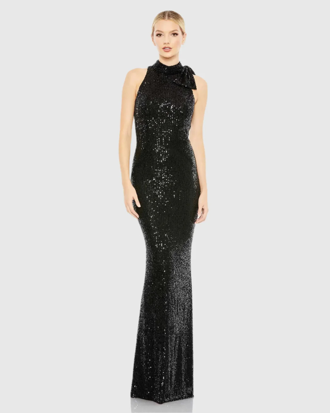 Sequined Soft Tie Halter Neck Column Gown | Mac Duggal