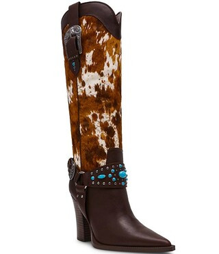 Steve Madden Kolt Leather Cow Print Haircalf Studded Belt Hardware Western Tall Boots | Dillard's | Dillard's