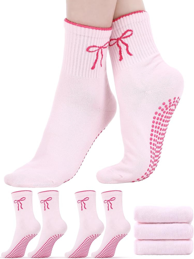 3 Pairs Cute Pilates Socks with Grips for Women Cotton Non Slip Yoga Crew Grippy Sock Workout Bal... | Amazon (US)