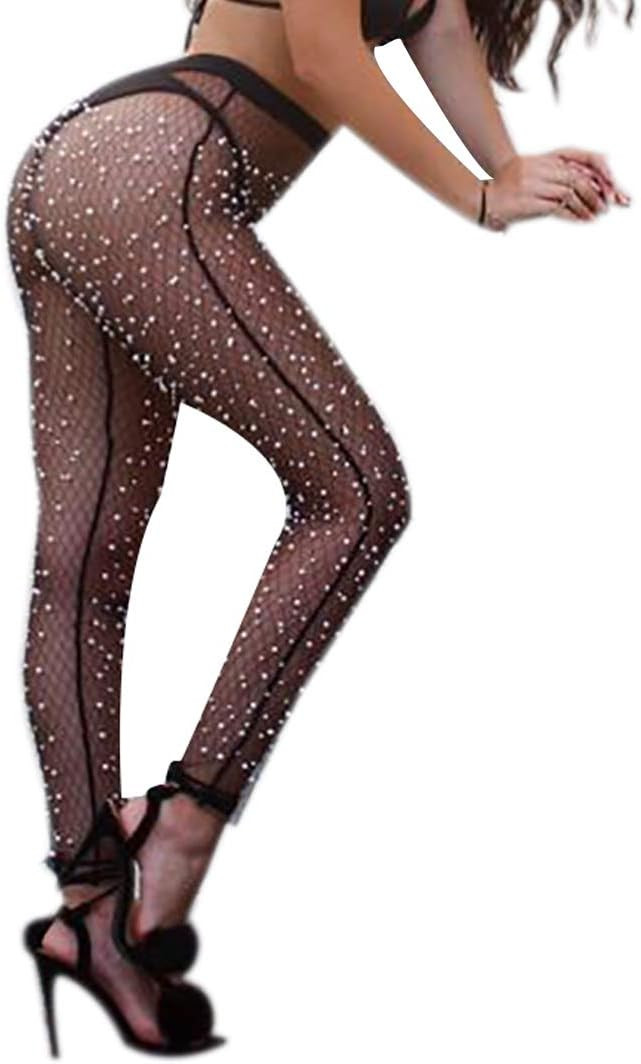 AIBEARTY Women Sexy Mesh See Through Pantyhose Pearl Beaded Skinny Leggings Long Pants Stretchy T... | Amazon (US)