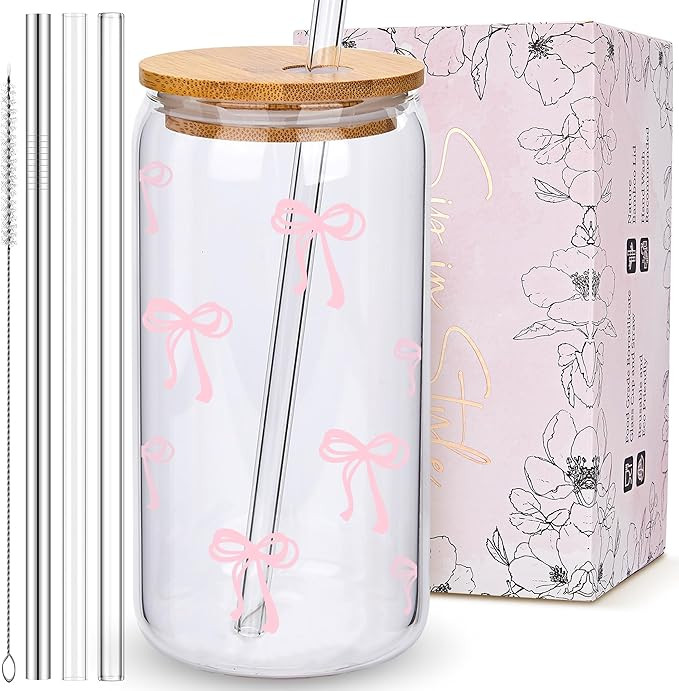 Coquette Cute Pink Bow Glass Cups with Lids and Straws, Aesthetic Iced Coffee Cup, Girly Preppy D... | Amazon (US)