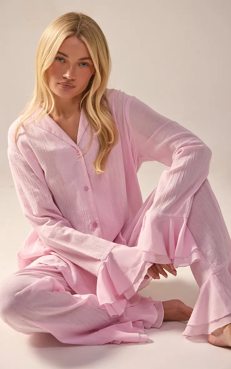 Baby Pink Contrast Frill Sleeve Button Up Crinkle Pyjama Trouser Set | PrettyLittleThing USA | PrettyLittleThing US