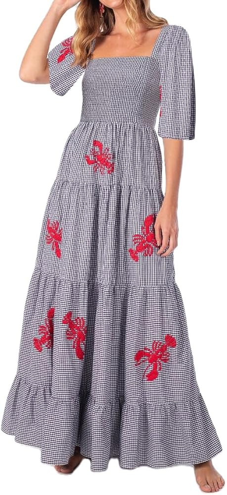 Women Embroidered Floral Dress with Pockets Long Puff Sleeve Flowy Boho Dress Square Neck Smocked... | Amazon (US)