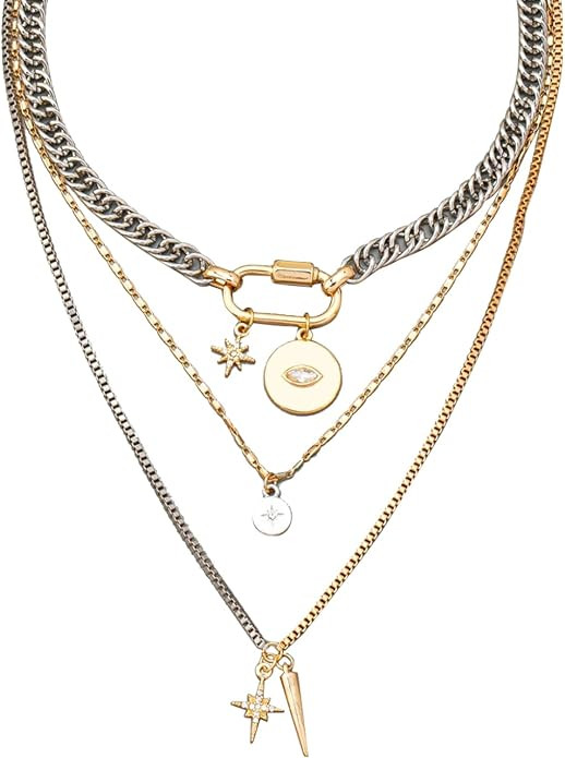 QCWN Gold Layered stacked Necklaces for women 3PS Chunky Statement Necklaces Stack Mixed Metal Ch... | Amazon (US)