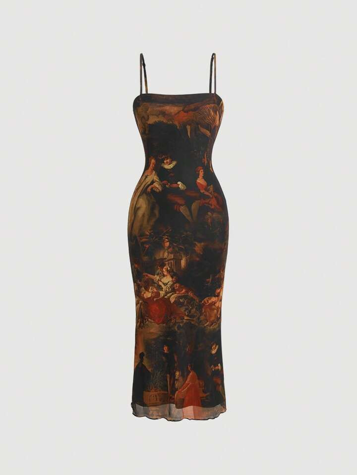 SHEIN MOD Figure Graphic Lettuce Trim Mesh Cami Dress | SHEIN