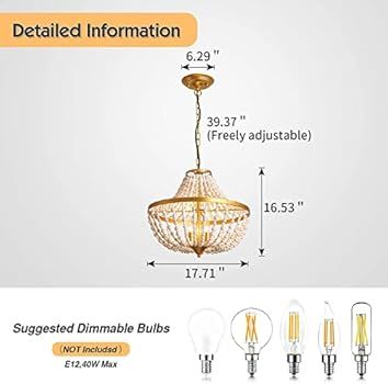 CVKASH 3-Light Boho Wood Beaded Gold Chandelier， Farmhouse Bohemia White Rustic Pendant Light F... | Amazon (US)