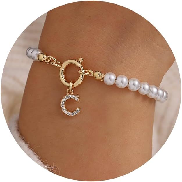 MONOZO Initial Pearl Bracelets for Women Girls Gifts - Personalized Pearl Bracelet Dainty Gold In... | Amazon (US)