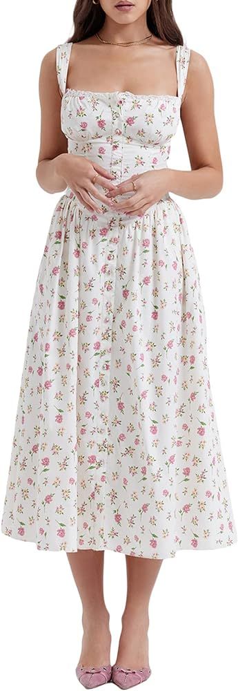 Women's Summer Boho Floral Dress Square Neck Ruffle High Split Beach Long Maxi Cottagecore Dress ... | Amazon (US)